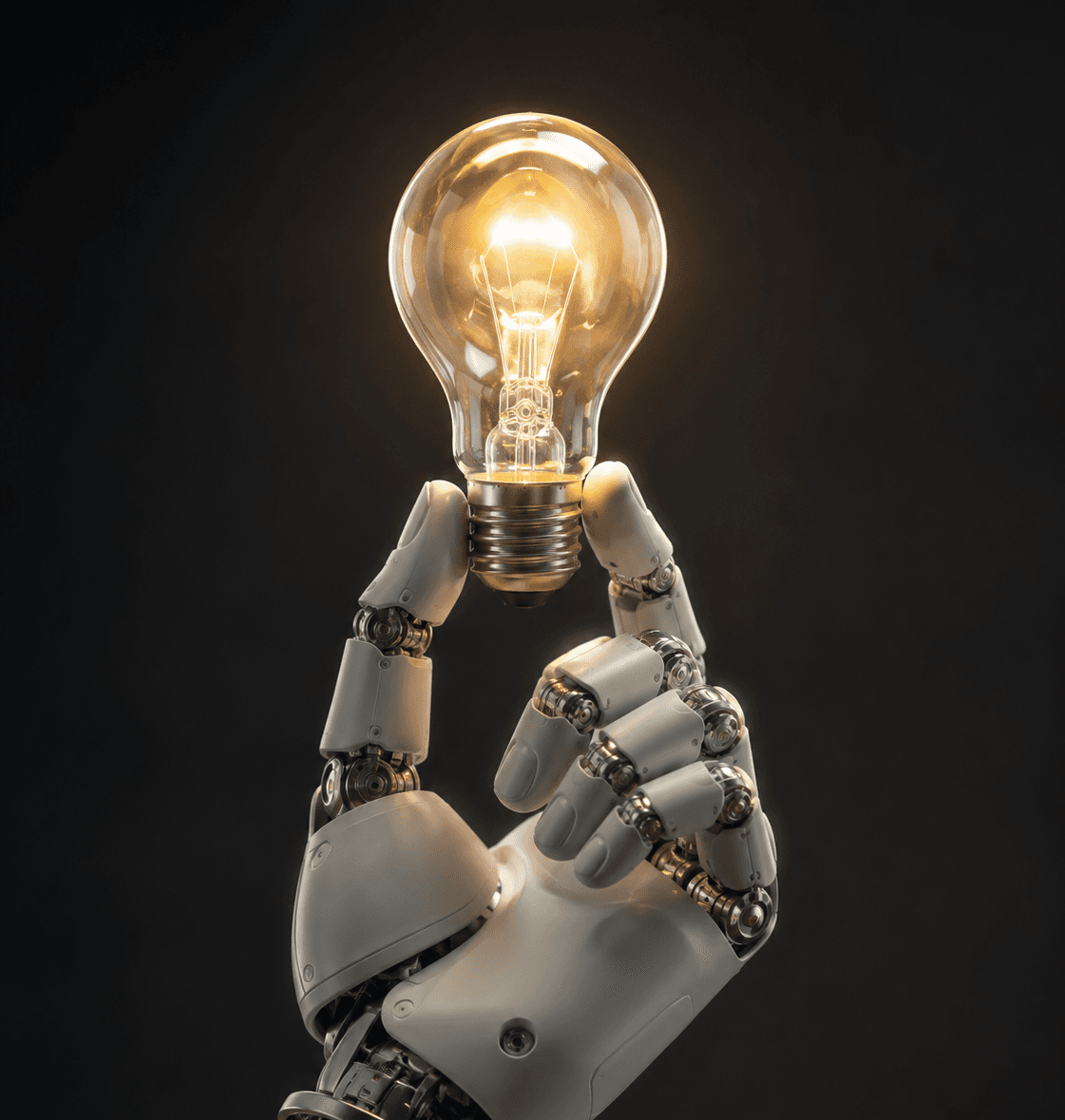 Robot hand holding a glowing light bulb